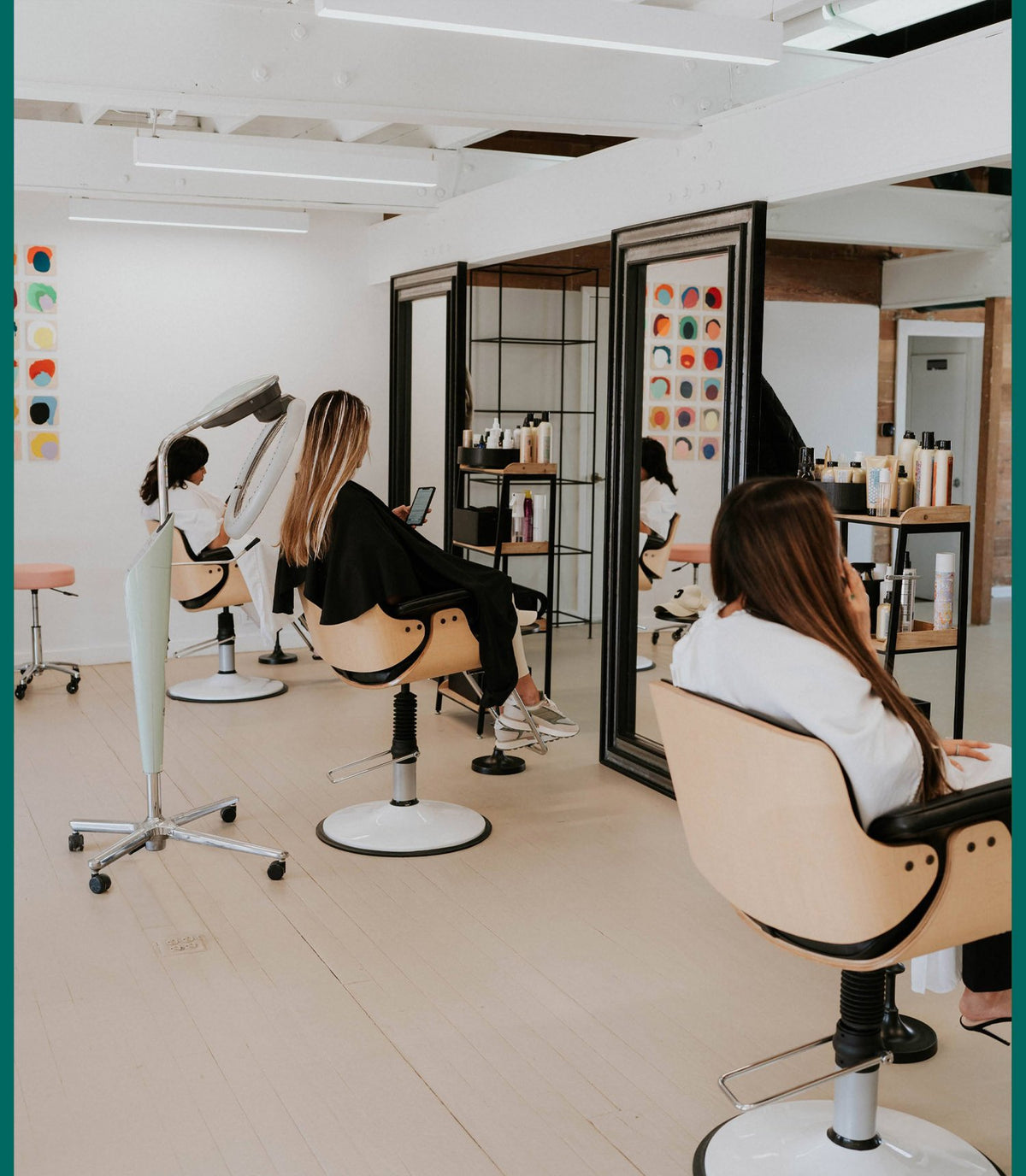 The salon floor with styling stations at Zayda Hair & Apothecary, San Antonio TX